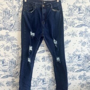 Boohoo Dark Blue Distressed Skinny Jeans